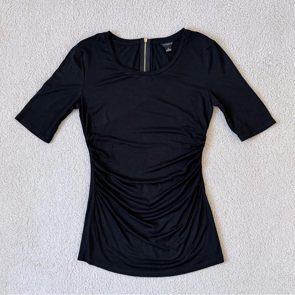 Ann Taylor Ruched Black Short Sleeve Top with Gold Zipper